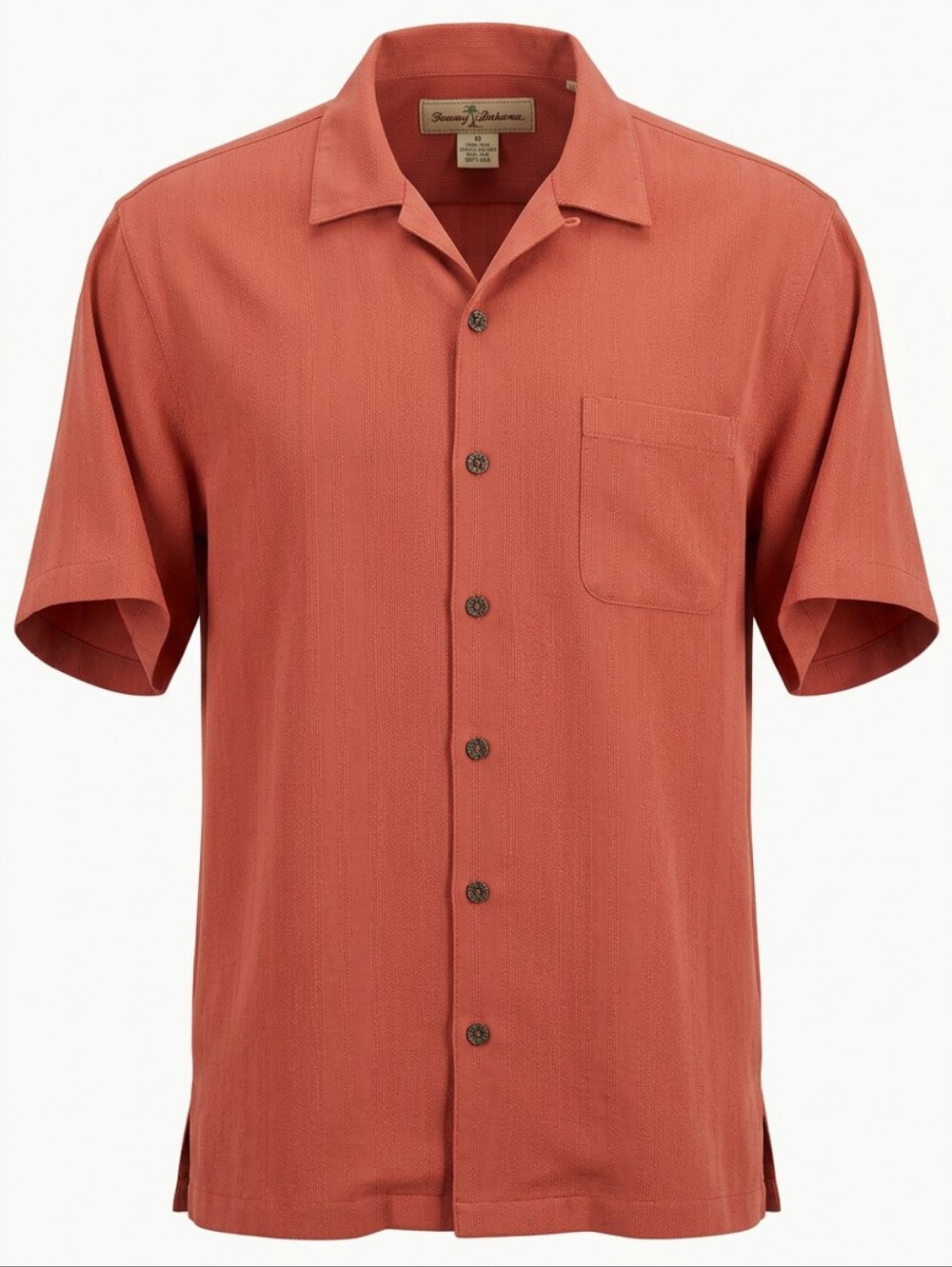 Tommy Bahama Men's M Silk Camp Shirt Orange Chevron Herringbone Carved Button OG